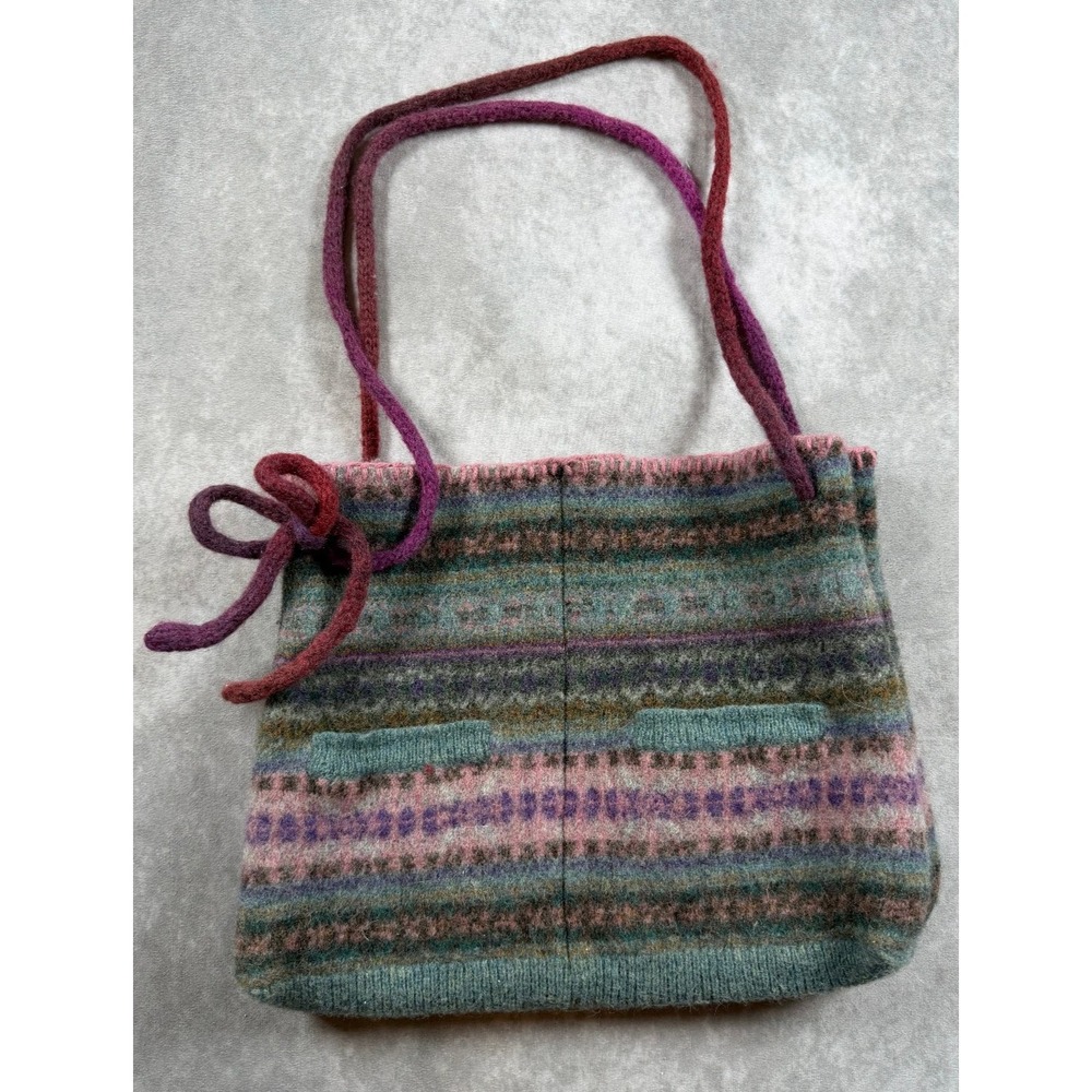 Handmade Felted Wool Tote Bag Multicolor Fair Isle Boho Shoulder Purse Pockets